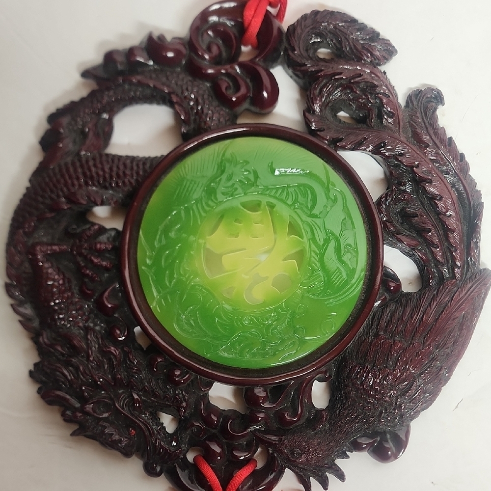 Vintage Chinese Culture Green and Red Dragon & Bird Wall Hanging.